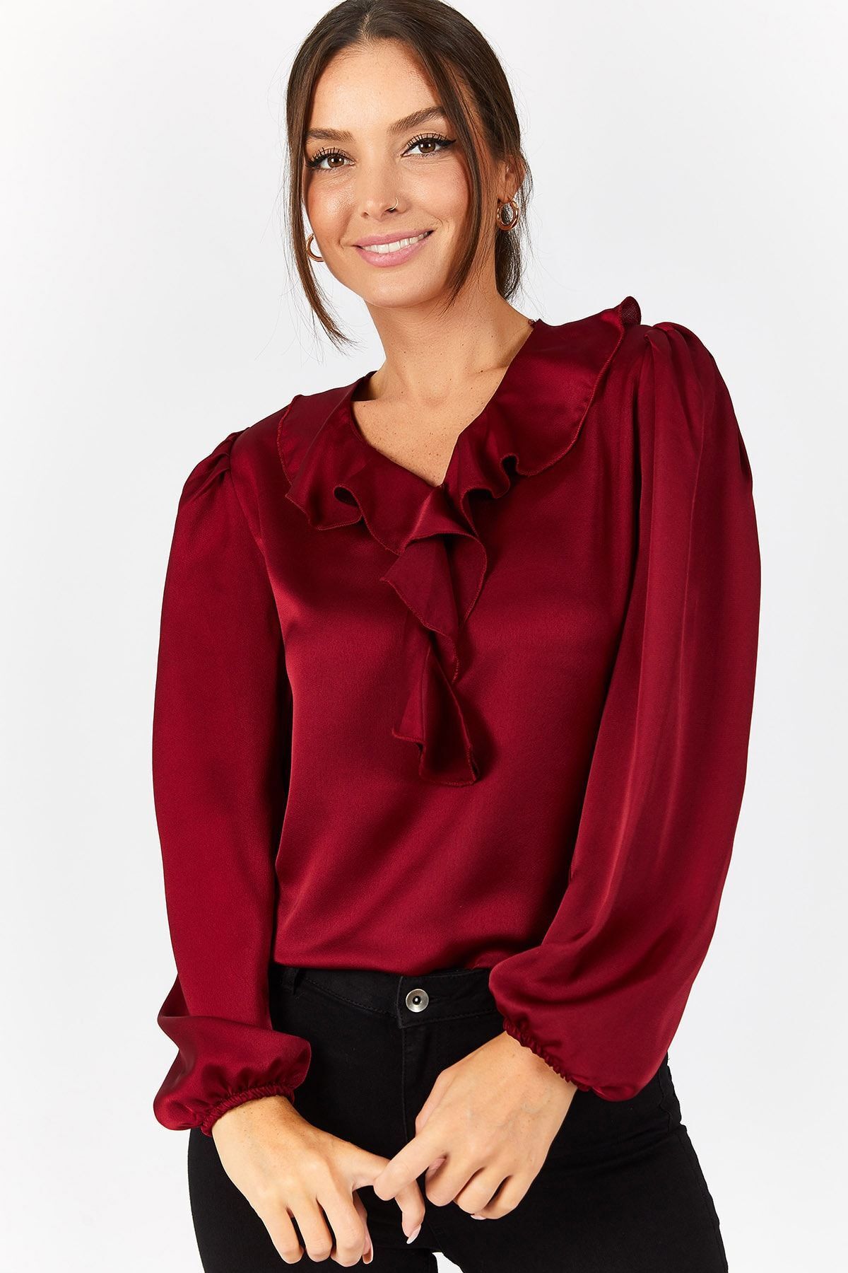 Women's Claret Red Collar Ruffled Shoulder Shirred Sleeve Elastic Cotton Satin Blouse ARM-22K001059