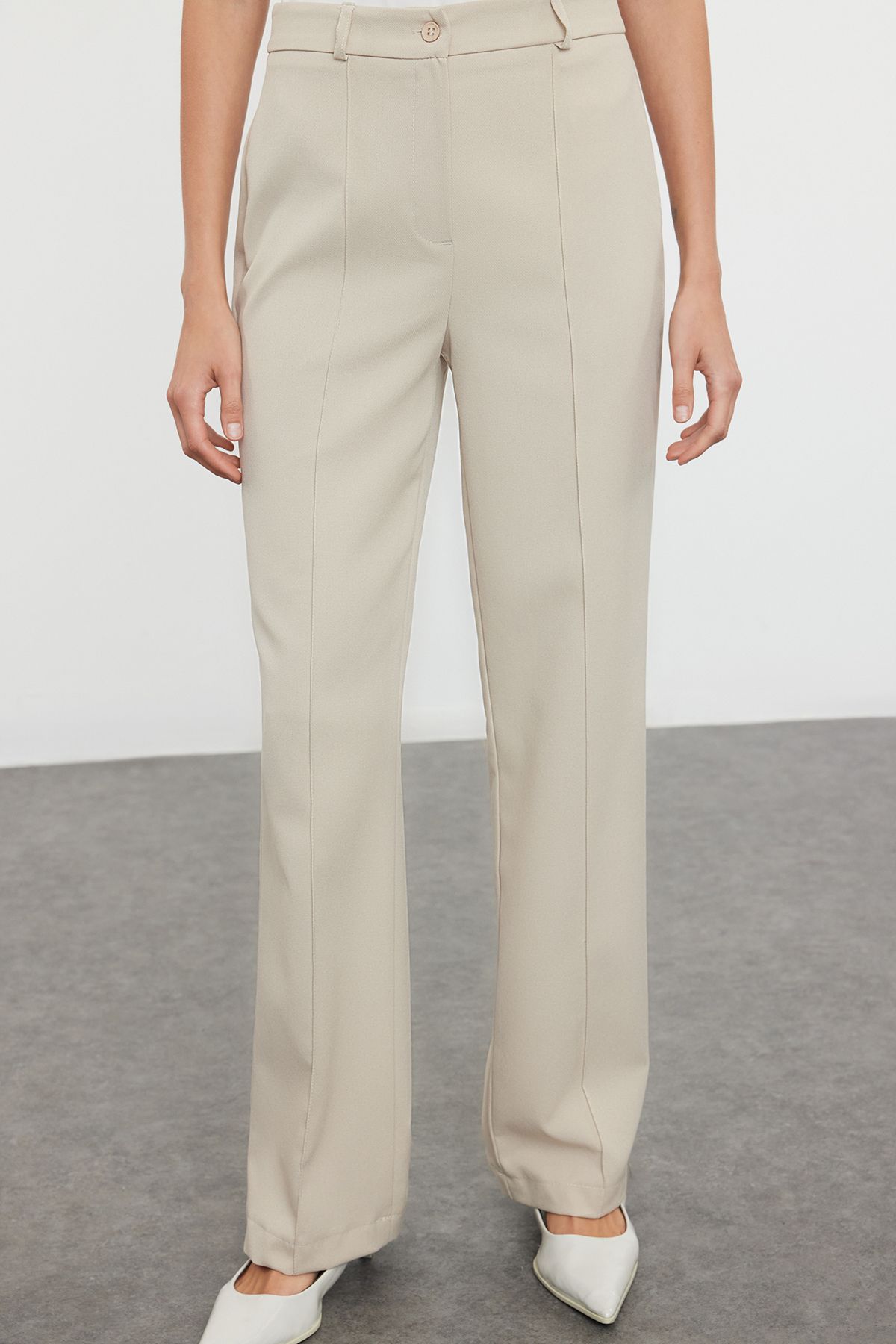 Trendyol Collection-Nerzfarbene, gerade geschnittene, gerippte, gewebte Hose mit hoher Taille TWOSS21PL0093 8