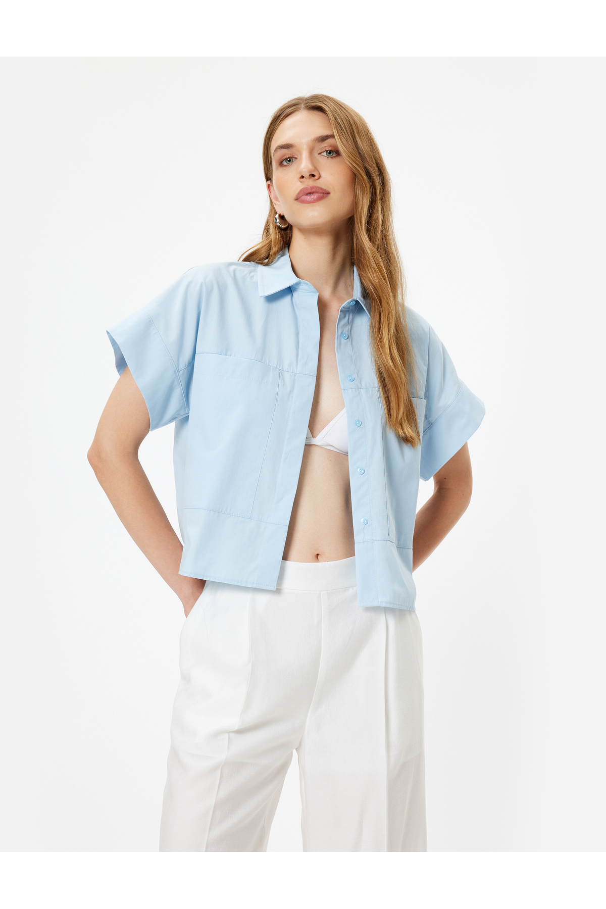 پیراهن کوتاه آستین کوتاه با جیب های گشاد نخی