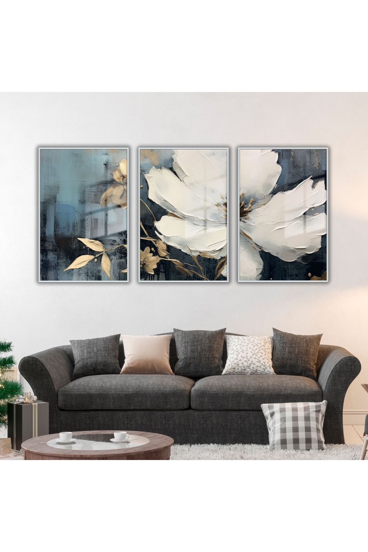 3-Piece Glass Table Set with Metal Frame White Orchid Gold Leaf