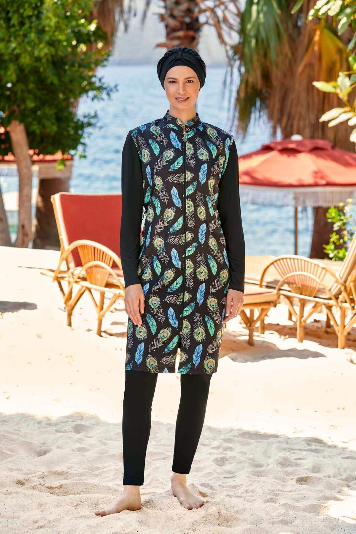 Rozamay Black Blue Feather Pattern Long Sleeve Zipper Full Closed Modest Swimsuit 9267