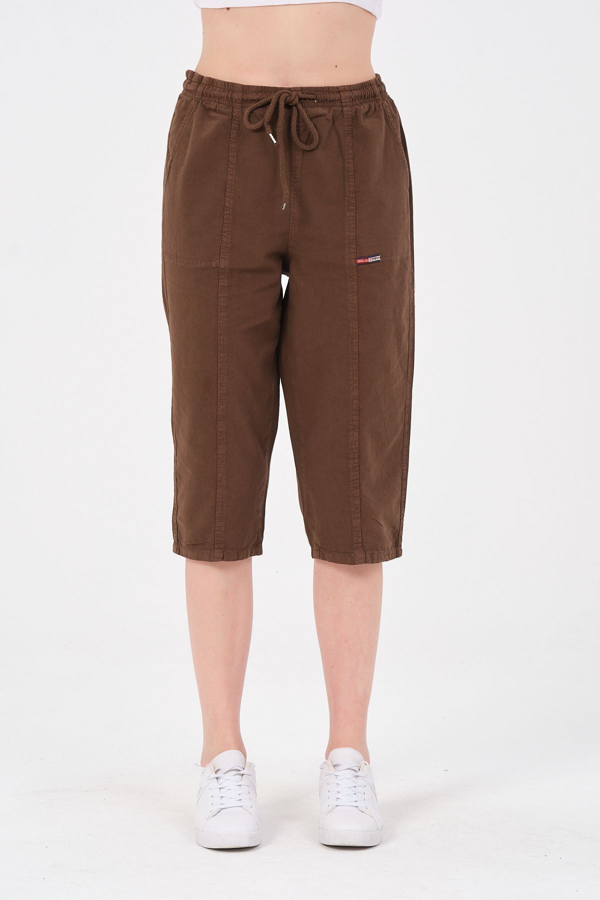 Bağcıklı Oversize Uzun Unisex Bermuda Şort Ham Bez Pamuklu Keten Kapri Şort - 5
