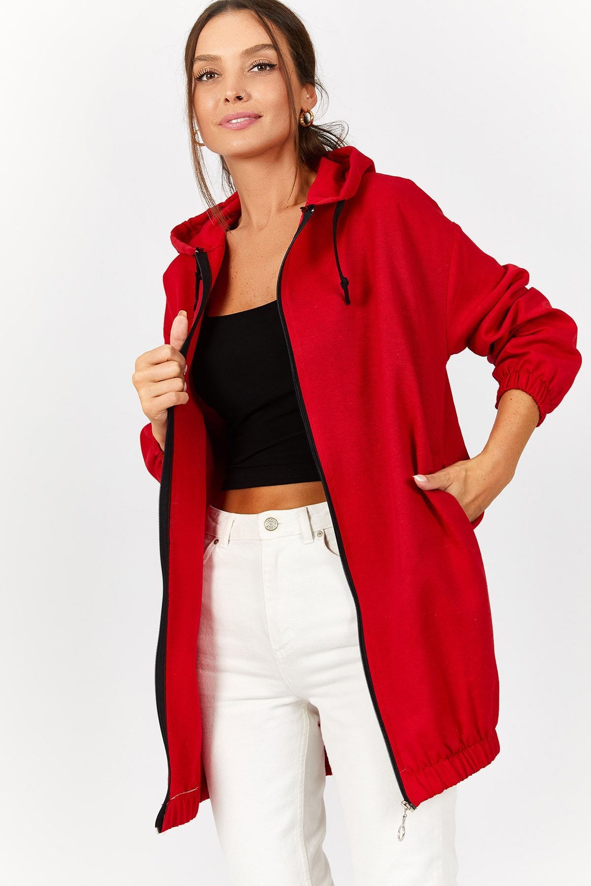 armonika  Kadın Kırmızı Fermuarlı Kapişonlu Trençh ARM-21K024030