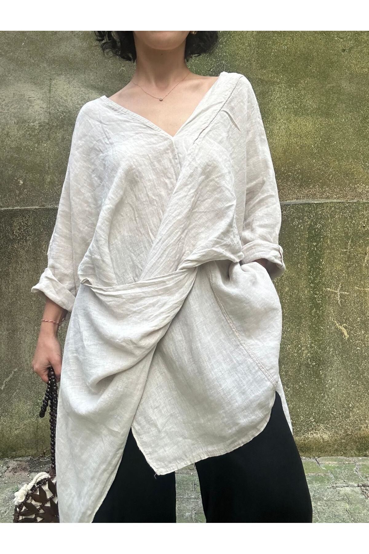 soBasic-Cream Colored Asymmetrical Cut Loose Tunic Shawl Dress - STD 6