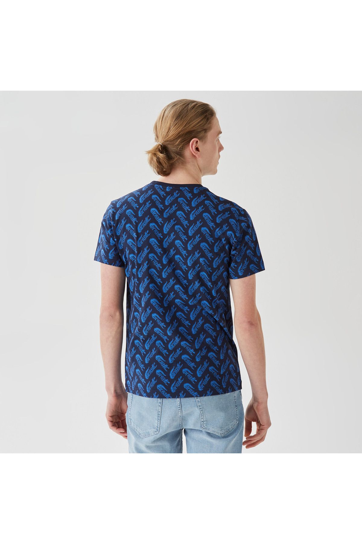 Lacoste Erkek Slim Fit Bisiklet Yaka Desenli Lacivert T shirt Erkek Giyim