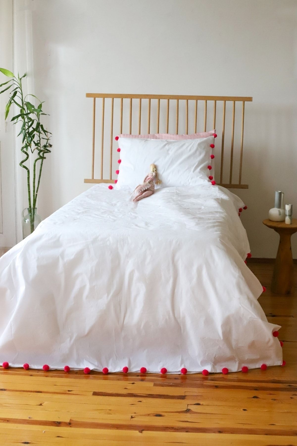 Tekstil Home Şeker Pembe Ponponlu Tek Kişilik Nevresim Seti Pamuklu Kumaş Genç Çocuk Odası Tasarım Retro 2