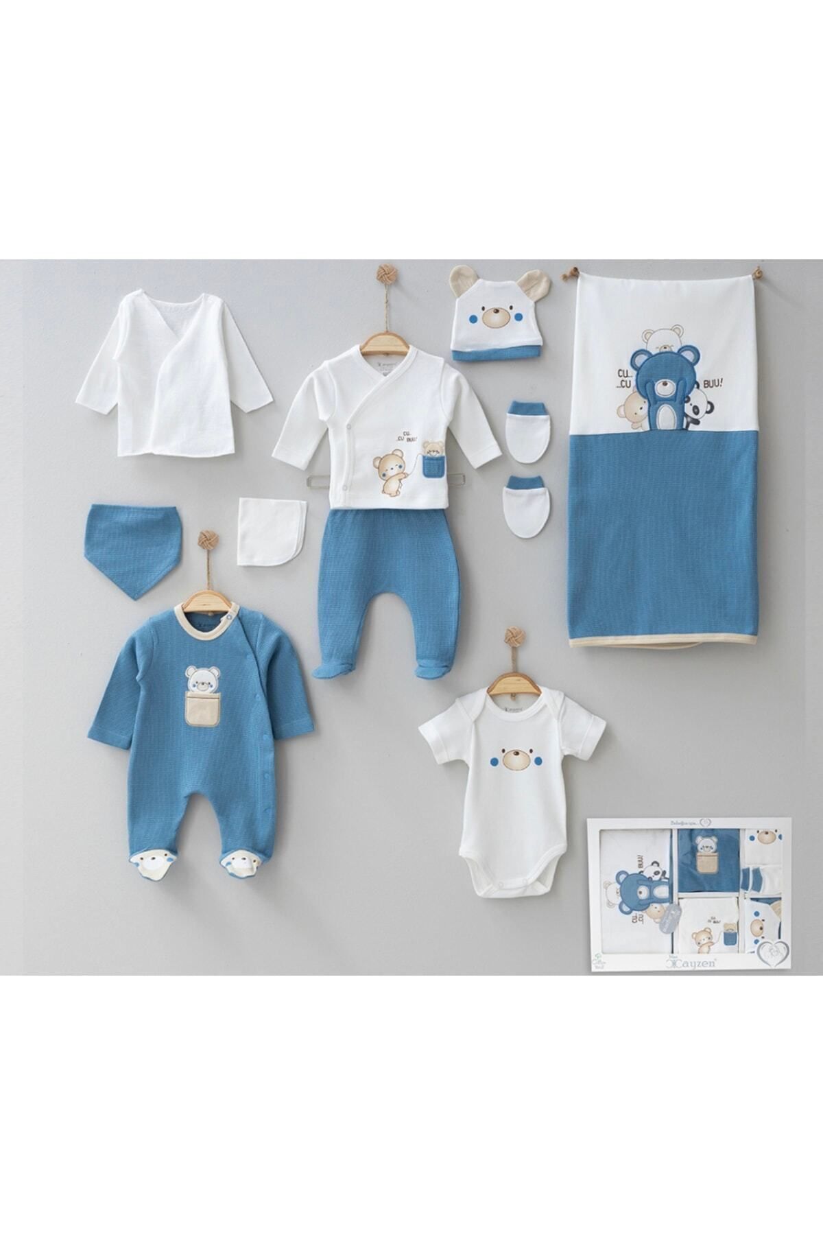 Cherub Baby Waffle Kumaş Ayıcık Baskılı %100 Pamuk Yenidoğan Erkek Bebek 10 Parça Hastane Çıkışı Zıbın Seti fotoğrafı 2 (önizleme)