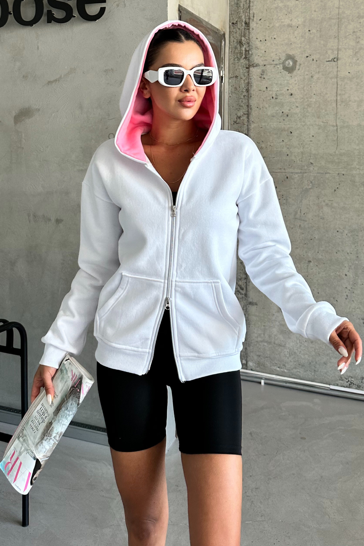 MODAGEN-White Unisex Oversize Hooded Cardigan - Double Zipper 6