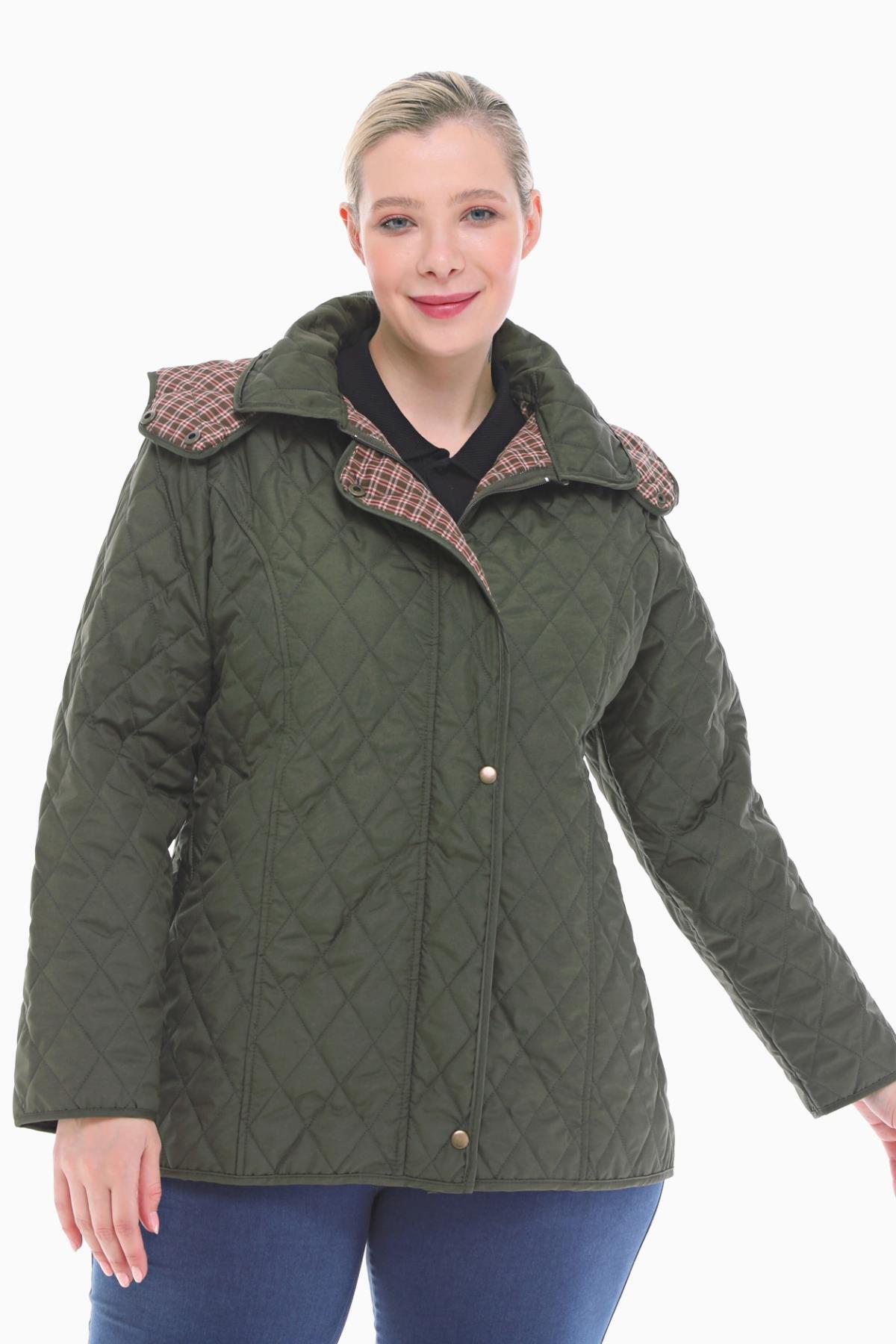 VETRE Kadın Büyük Beden Ekose 75 Cm Mevsimlik Haki Kapitone Mont 1024