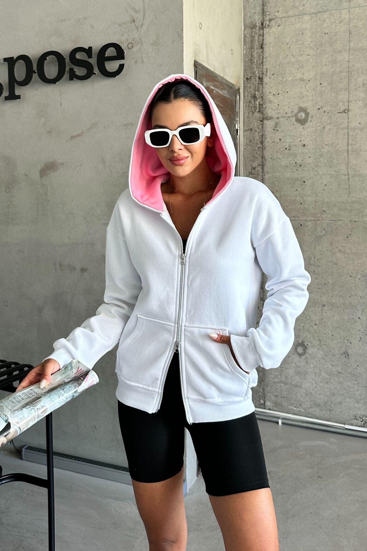 MODAGEN-White Unisex Oversize Hooded Cardigan - Double Zipper 4