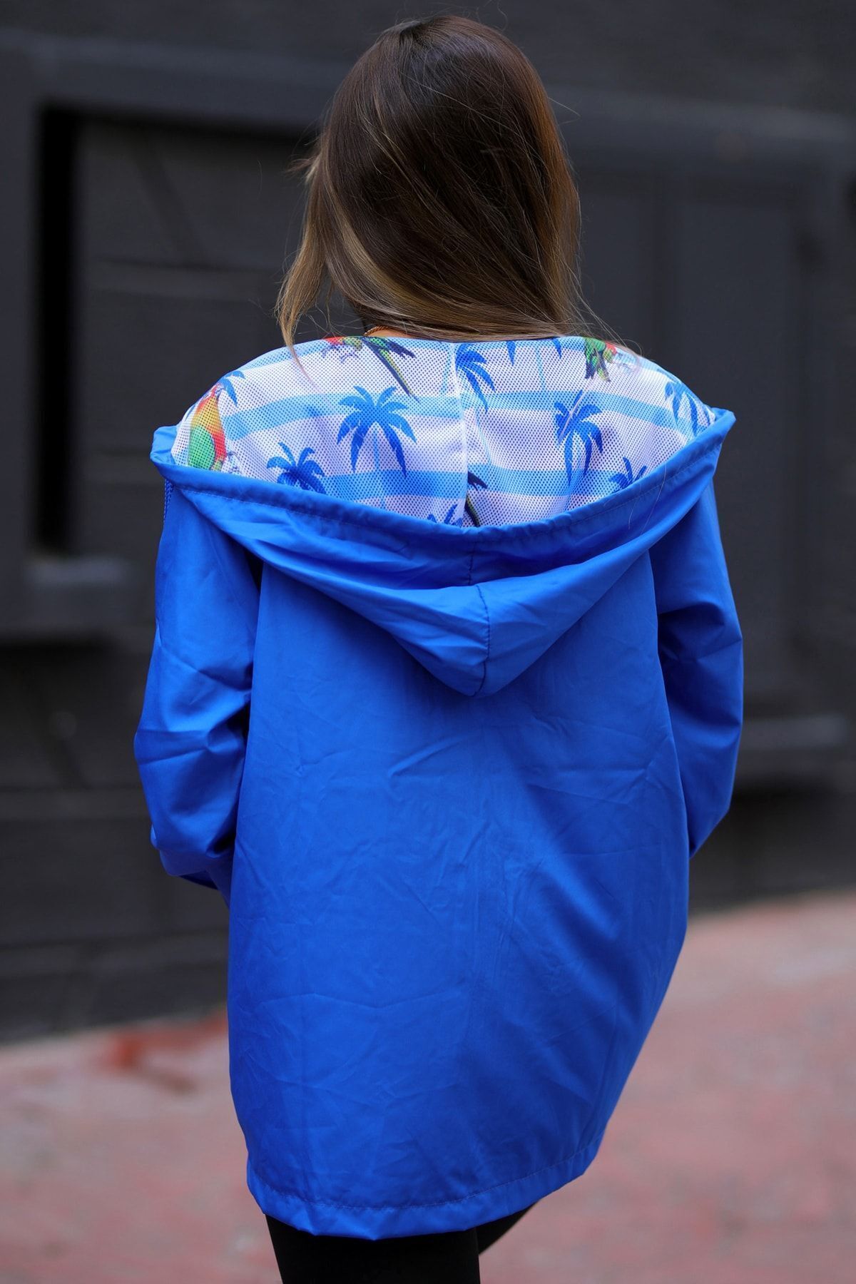 Arya Moda  Kadın Lacivert Kapüşonu Bol Kesim İnce Yağmurluk - Görsel 7