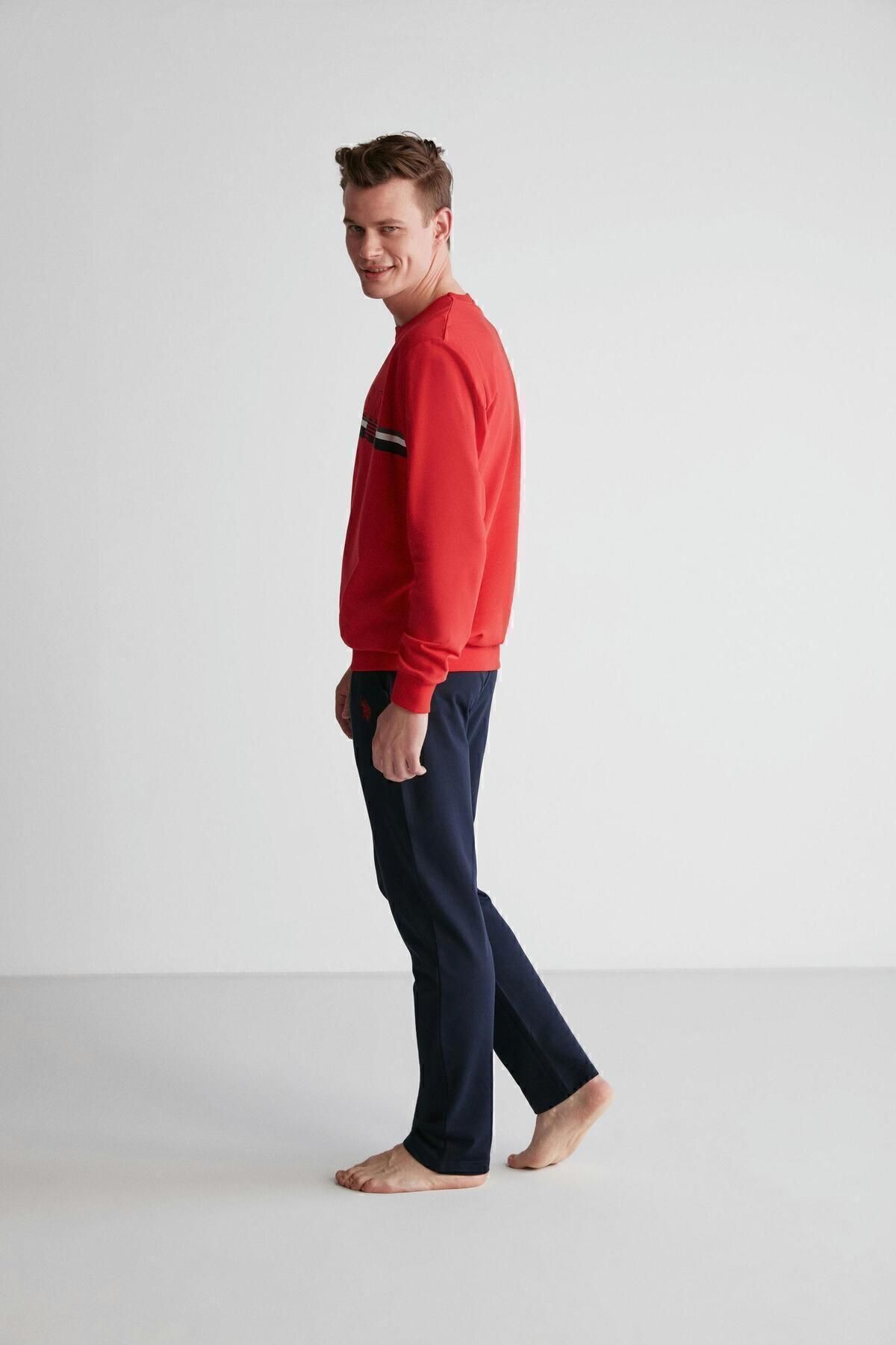 ست پیژامه قرمز مردانه سوئیشرت نخی شلوار گرمکن لباس خواب راست U.S. Polo Assn.