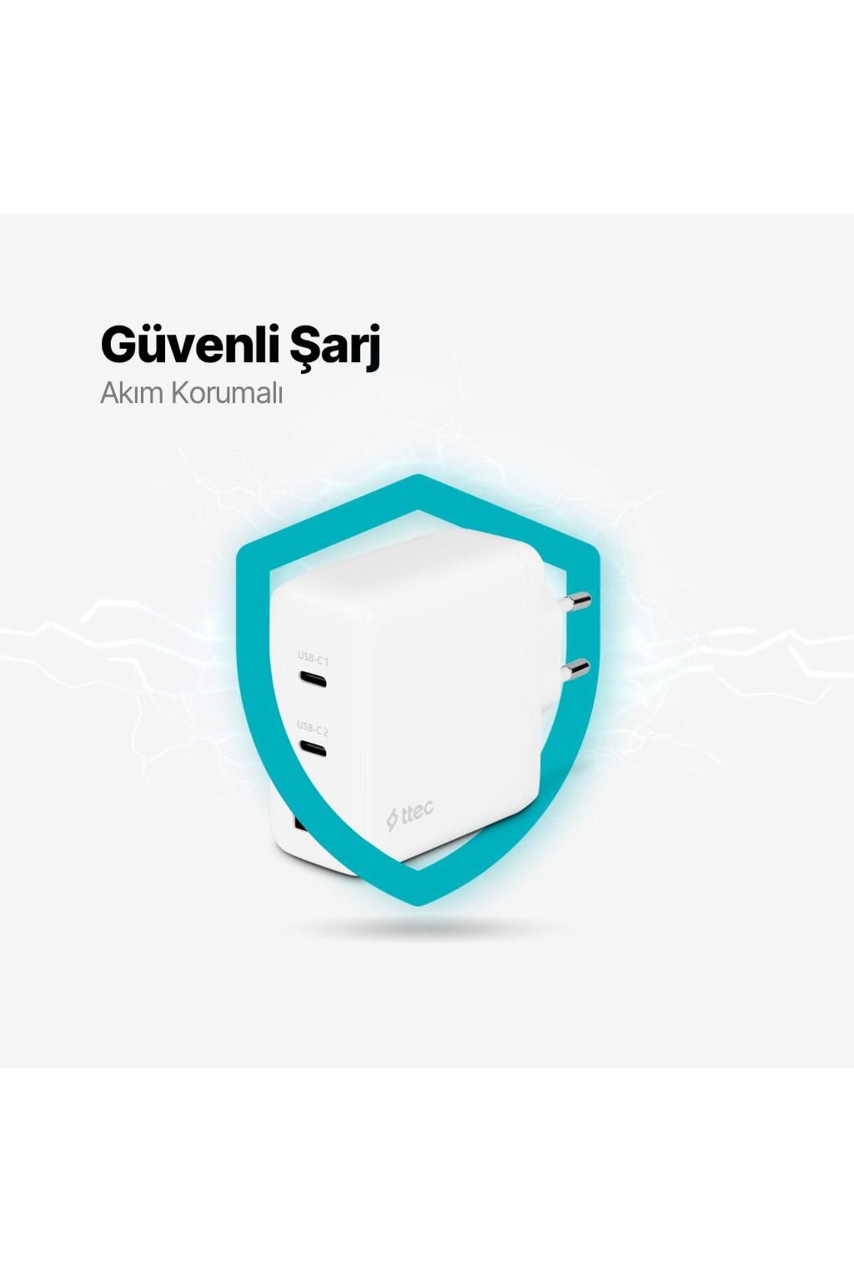 Süper Hızlı Gan 120w 2x Pd Type C Ve 1x Usb Girişli Şarj Aleti, Akım Ve Isı Korumalı Şarj Adapt - 5