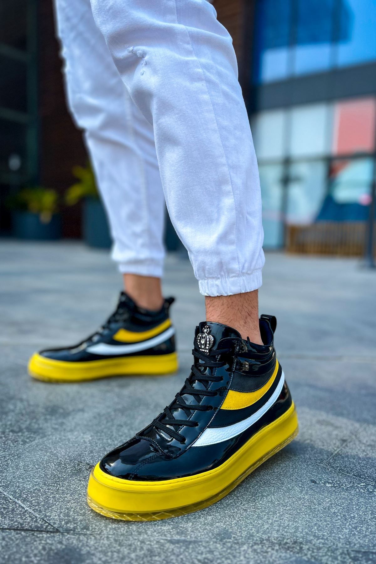 Joy Man J973 Majesty Orthopedic Sole Lace up Men s Sports Boots Patent Leather Rst Black yellow for Men price in Dubai UAE Compare Prices