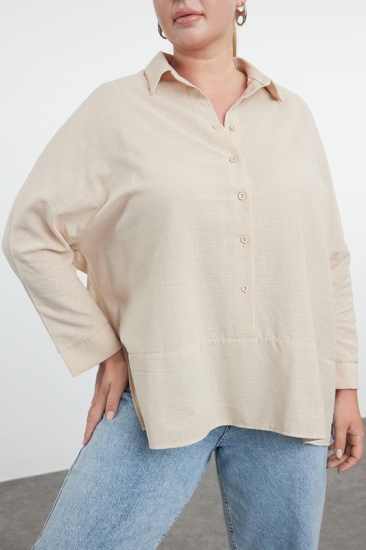 Edit by Trendyol-Beige Large Size Linen Woven Shirt - TEDAW25AX00000 2