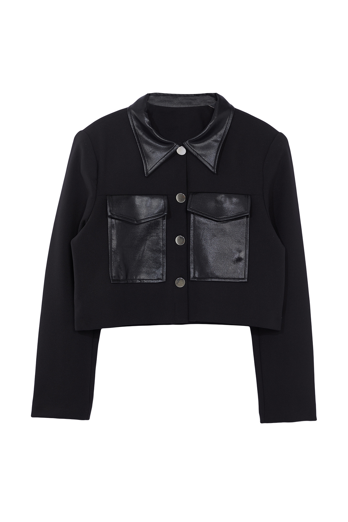 Trendyol Collection-Jachetă scurtă/crop cu guler de cămașă neagră, căptușită cu piele, TWOAW25CE00009 6