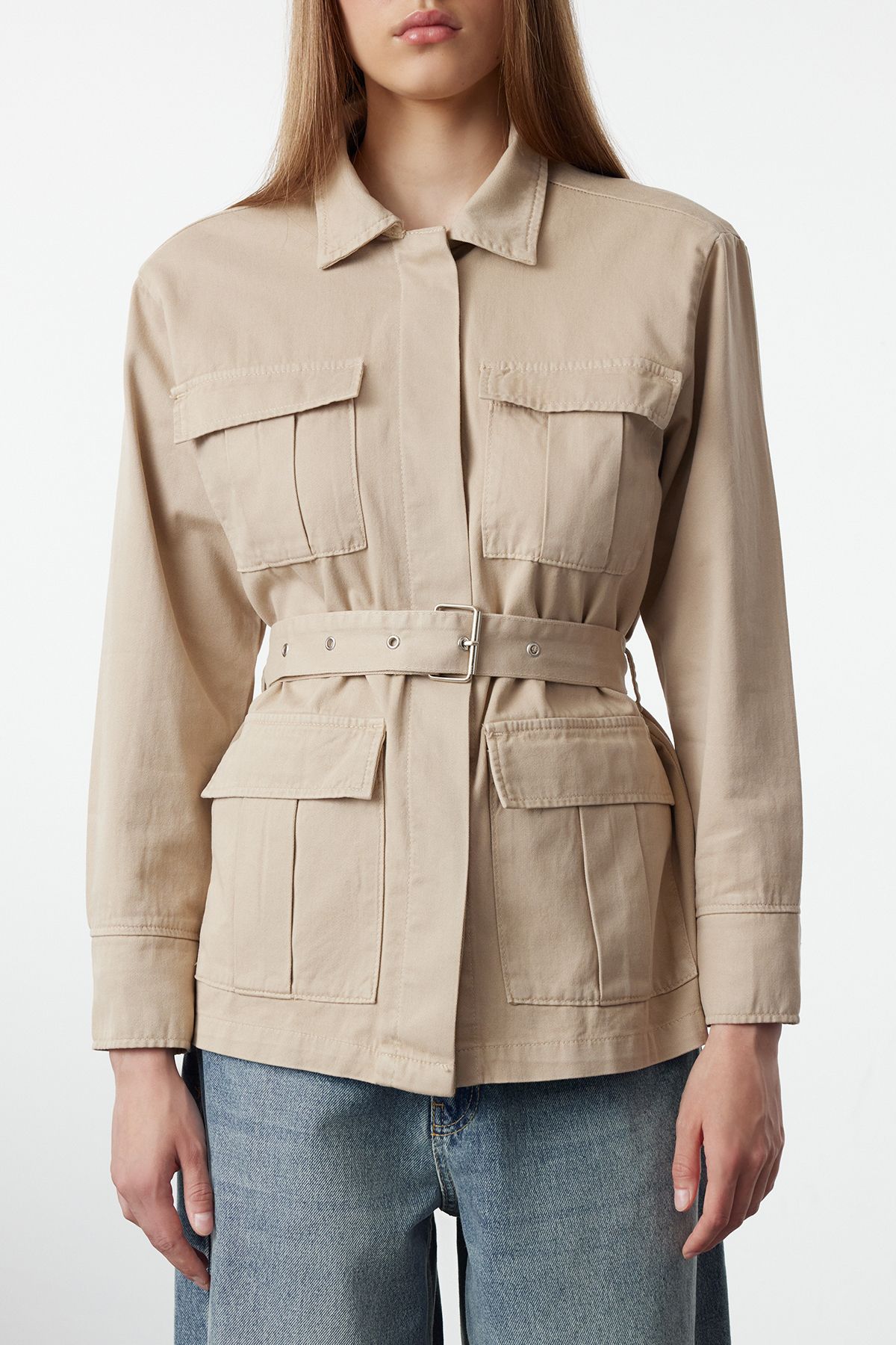 Trendyol Collection-Oversize Denim Jacket with Mink Pocket Detail Belt Twoaw25Ce00037 4