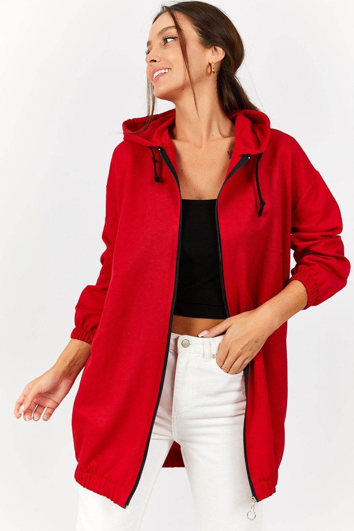 armonika  Kadın Kırmızı Fermuarlı Kapişonlu Trençh ARM-21K024030 - Görsel 3