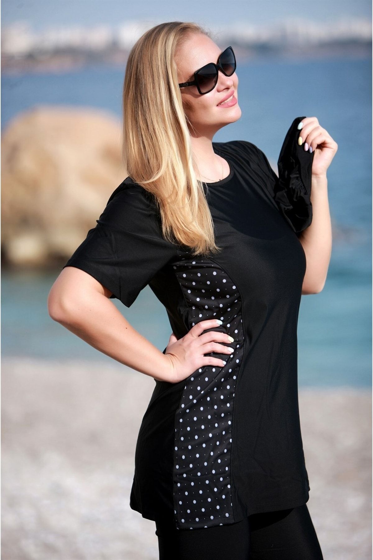 Plus Size Semi-Closed Swimwear Cansu Black Spotted