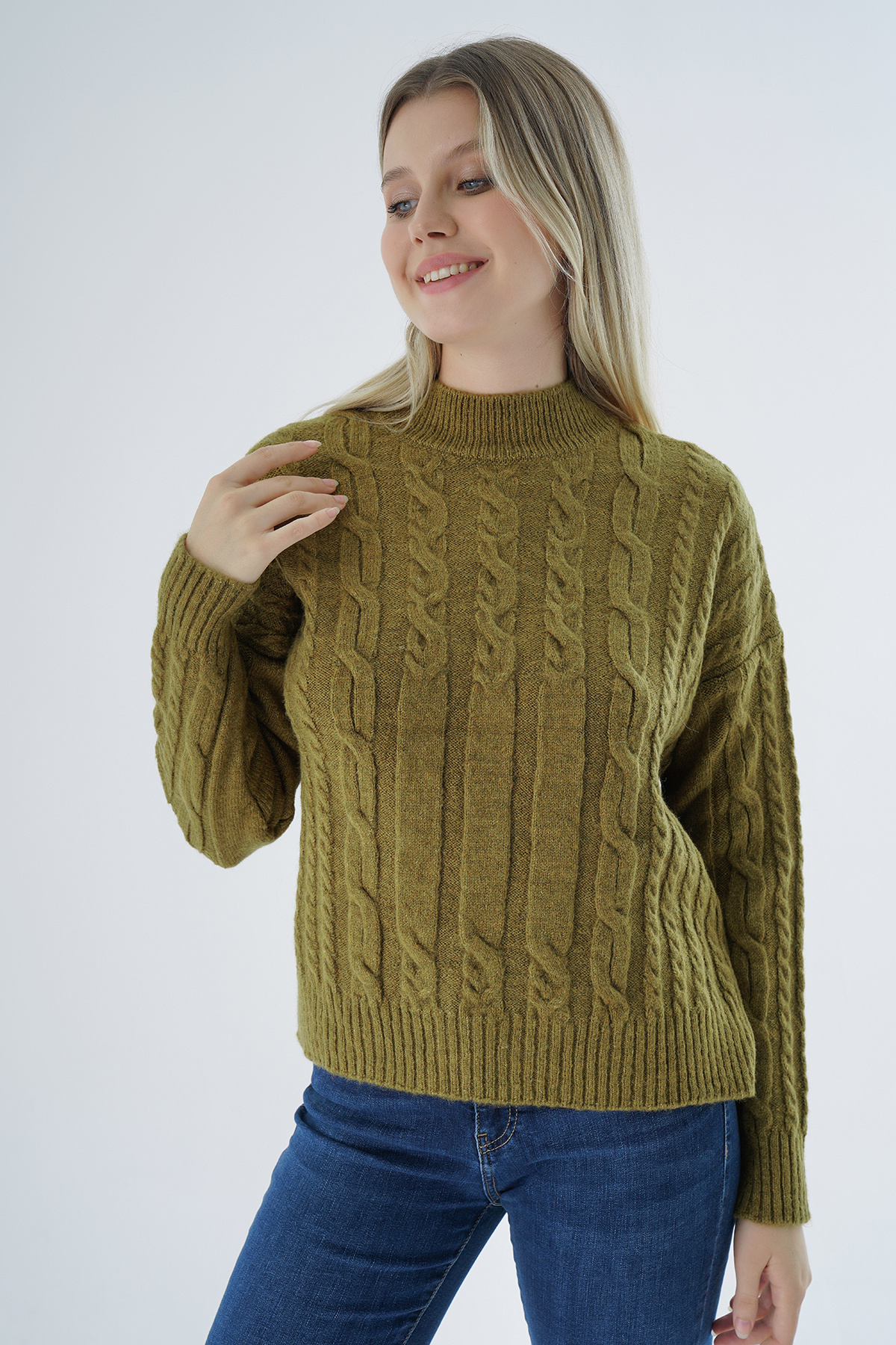 Trist Star Olive Color Oversize Half Fishing Wool Knitwear Sweater
