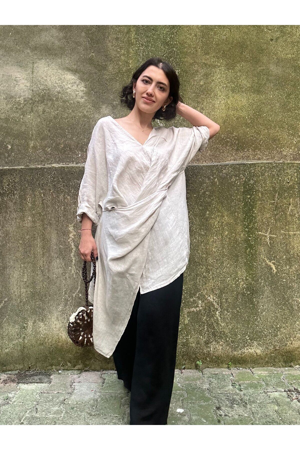 soBasic-Cream Colored Asymmetrical Cut Loose Tunic Shawl Dress - STD 1