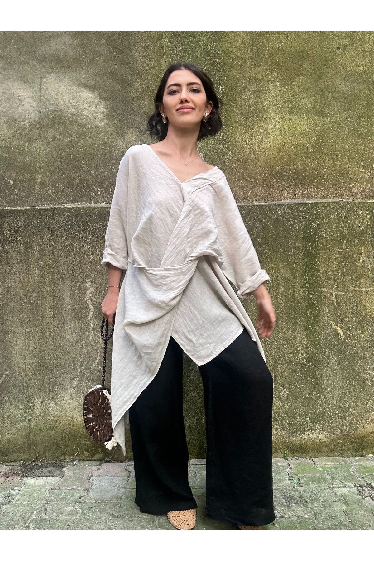 soBasic-Cream Colored Asymmetrical Cut Loose Tunic Shawl Dress - STD 4
