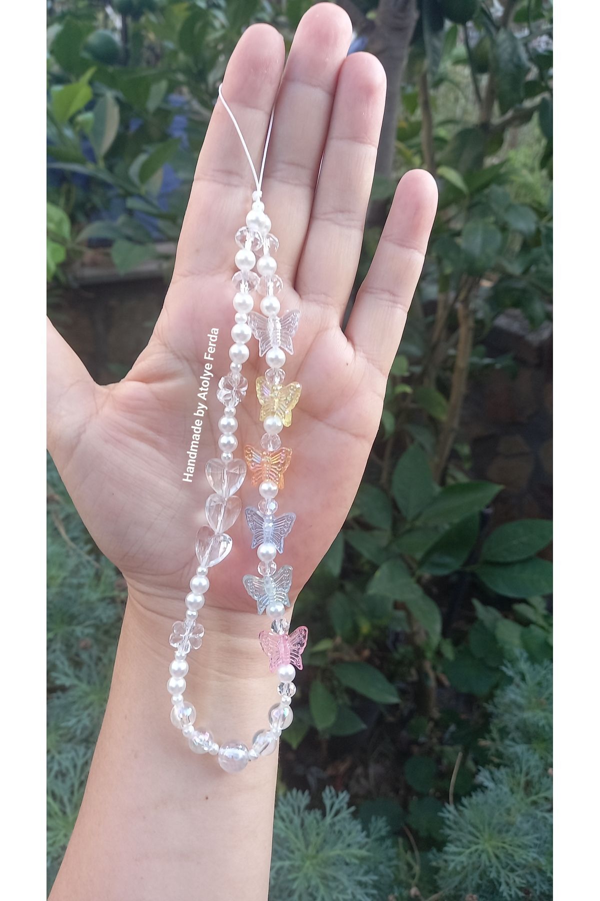 Pearl Phone Charm Phone Ornament with Transparent Heart and Butterfly Figure