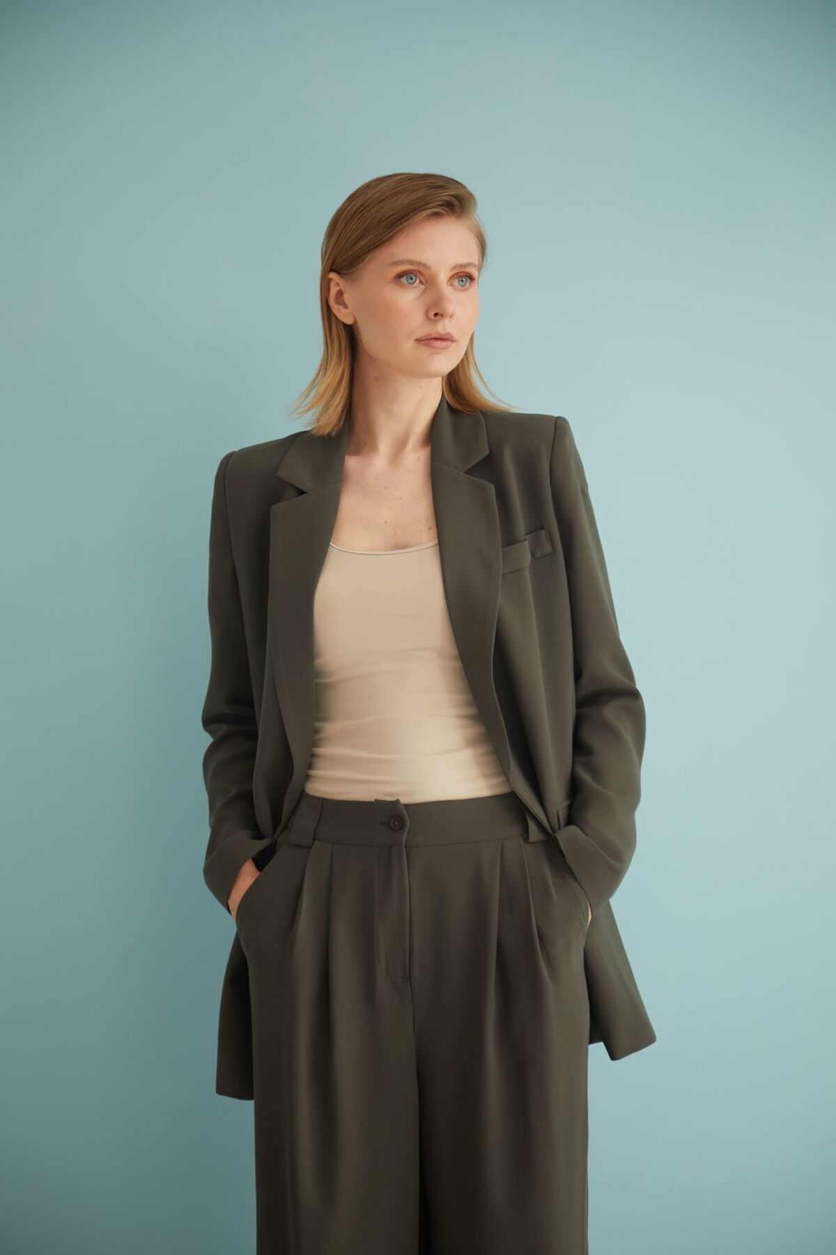 Nurs-Khaki Colored Crepe Palazzo Trousers 3