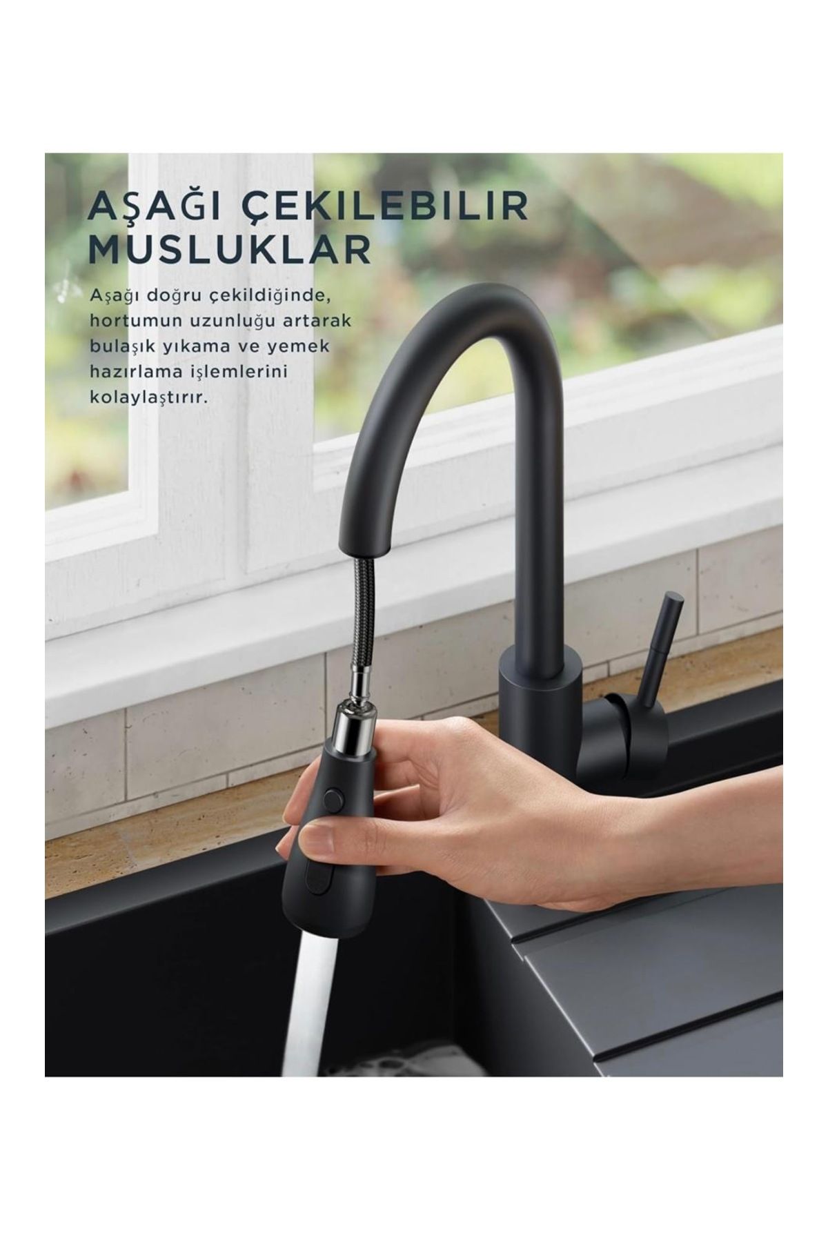 İSAOĞLU YAPI-Matte Black Spiral Sink Faucet - Extending Pull and Shower Effect Fixture 1