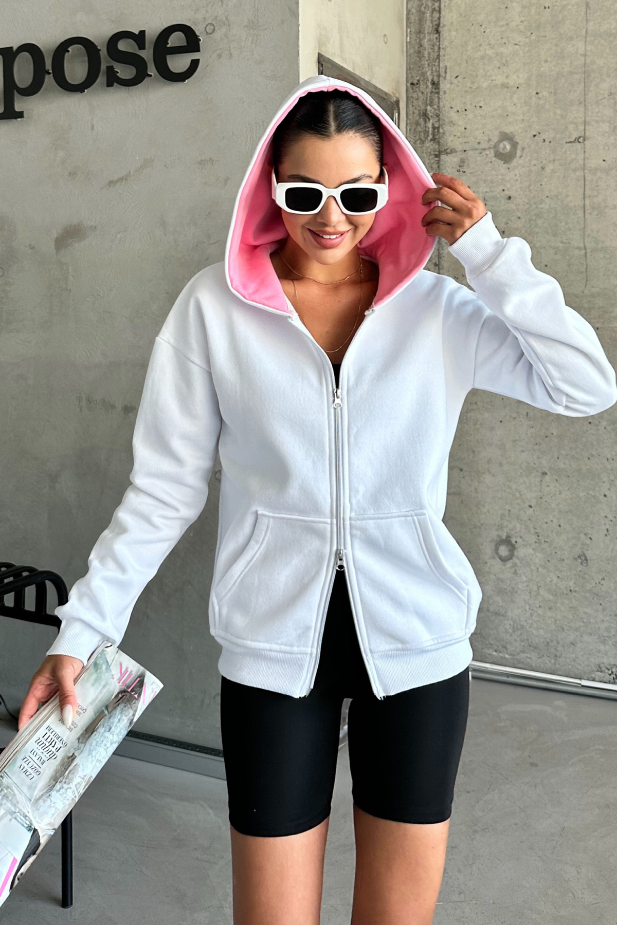 MODAGEN-White Unisex Oversize Hooded Cardigan - Double Zipper 5