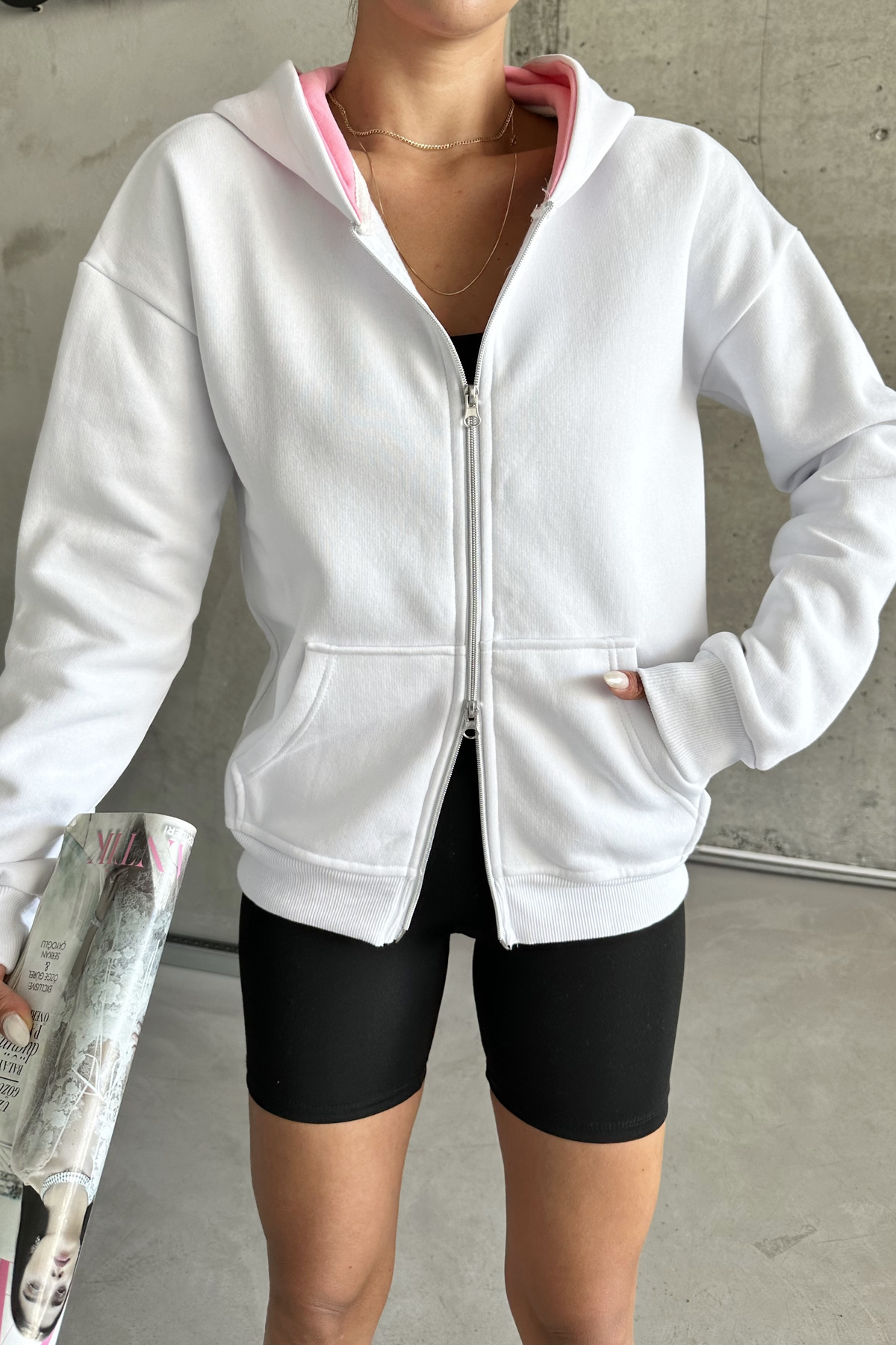 MODAGEN-White Unisex Oversize Hooded Cardigan - Double Zipper 2