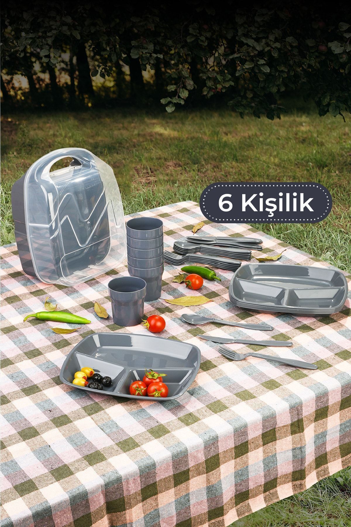 6 Kişilik Çantalı Piknik Seti Gri