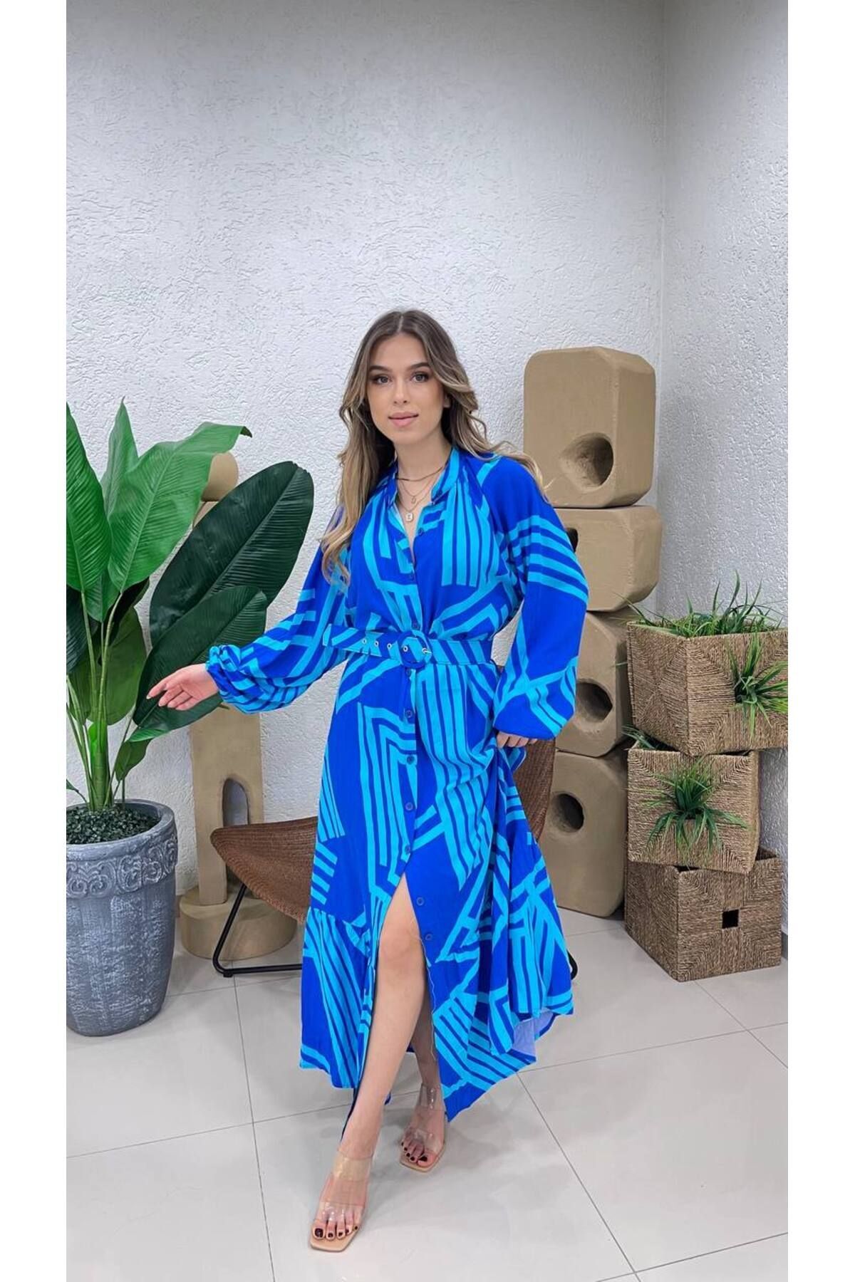 Damen Gürtelhemdkleid Lang SAX-MINT - Görsel 2