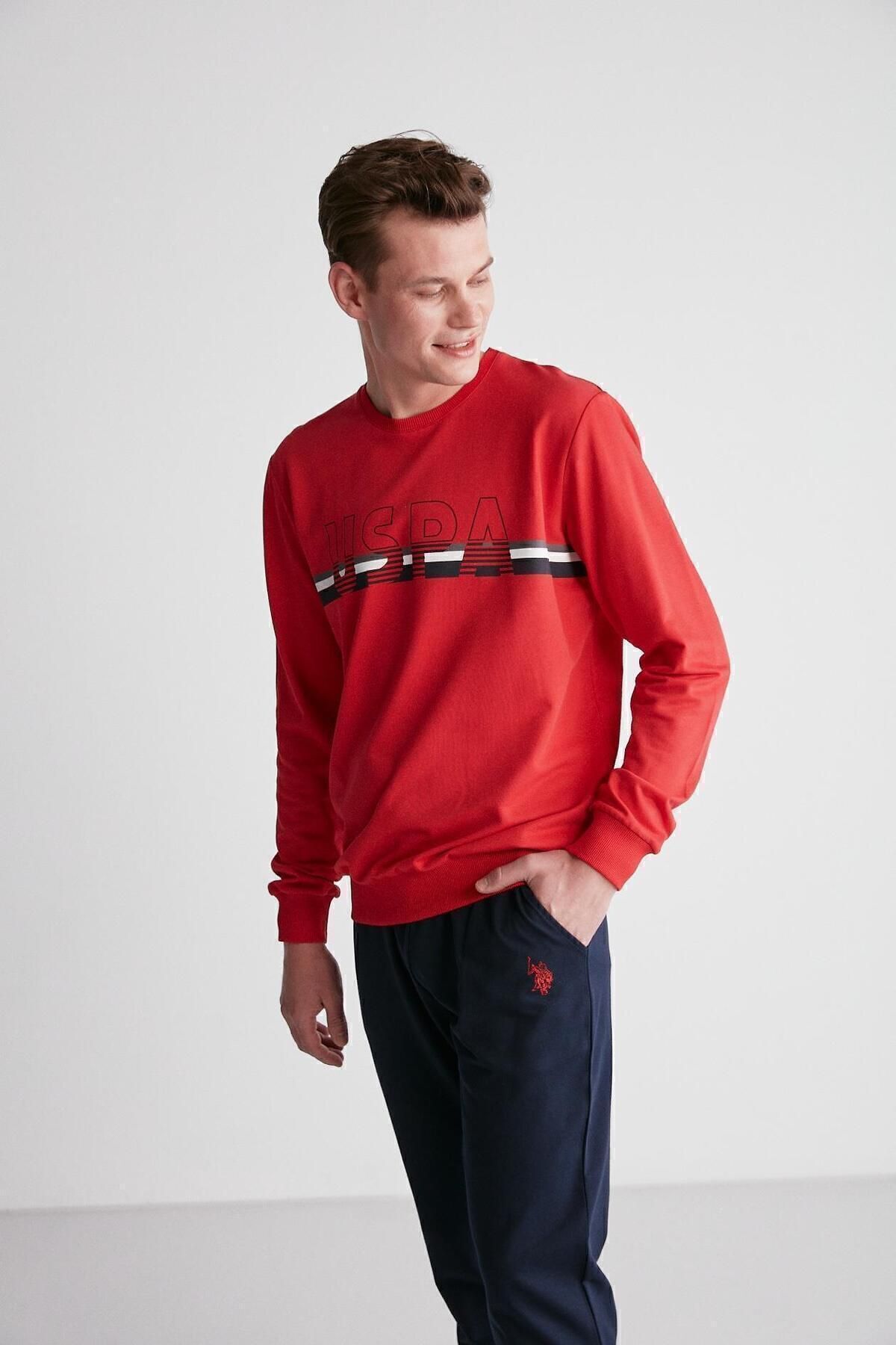 ست پیژامه قرمز مردانه سوئیشرت نخی شلوار گرمکن لباس خواب راست U.S. Polo Assn.