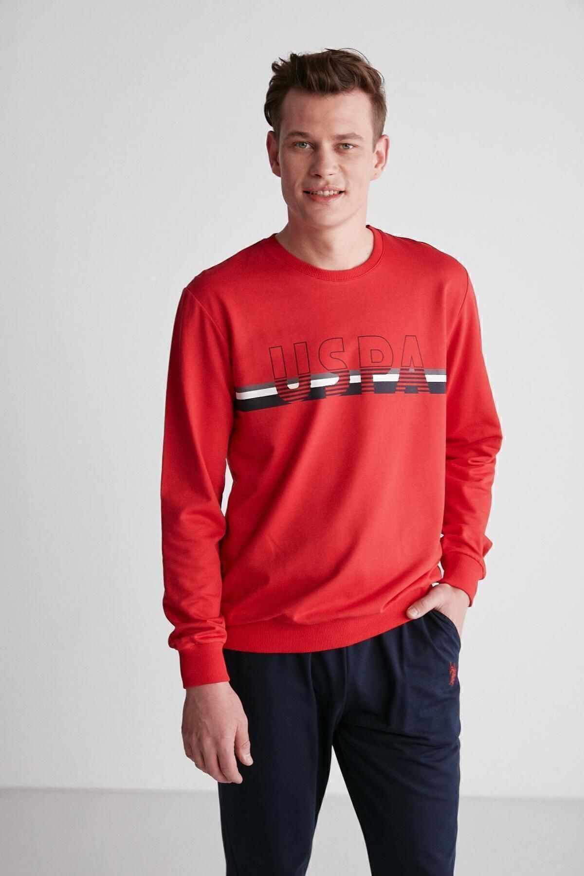 ست پیژامه قرمز مردانه سوئیشرت نخی شلوار گرمکن لباس خواب راست U.S. Polo Assn.