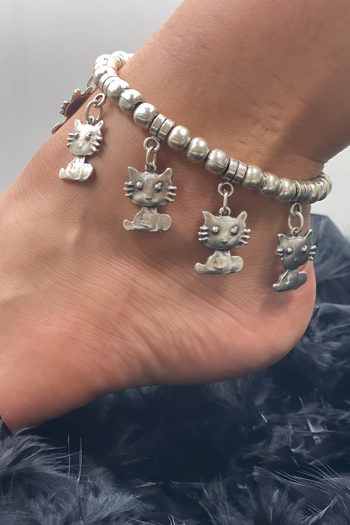 Kedi Model Antik Eskitme Gümüş Kaplama Halhal 3