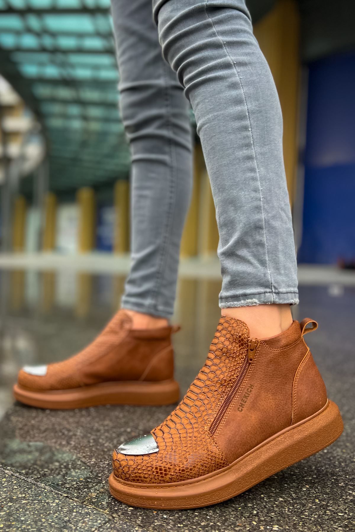 Joy Man Cizme Sport Pentru Bărbați J133 Coccodrillo - Fără Șireturi, Cu Fermoar, Talpă Ortopedică, Piele Casual Ctt Bronzat Masculin - 43