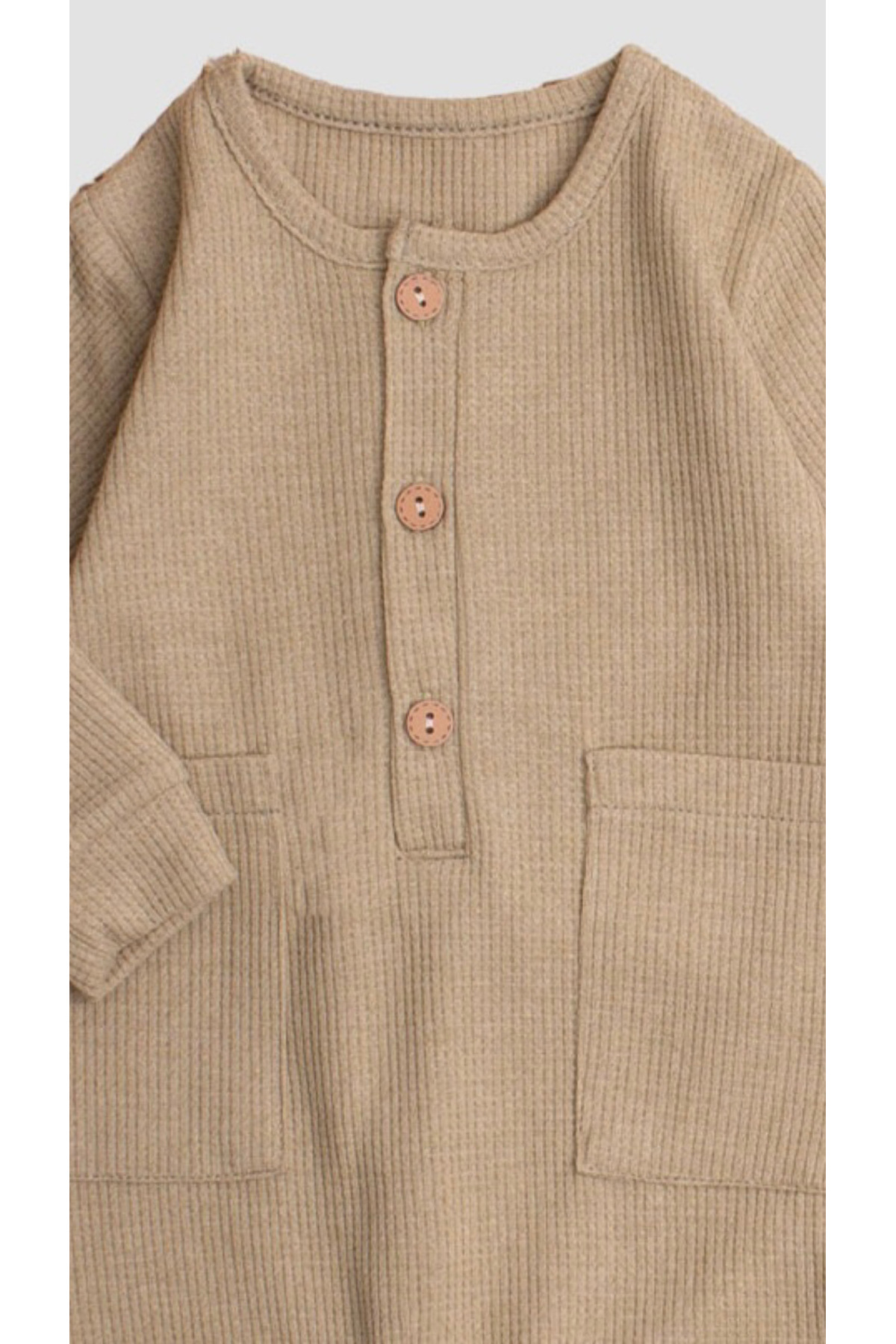 Chicsy Baby Waffle Görselli Ahşap Düğmeli Pamuklu Bebek Tulum fotoğrafı 4 (önizleme)