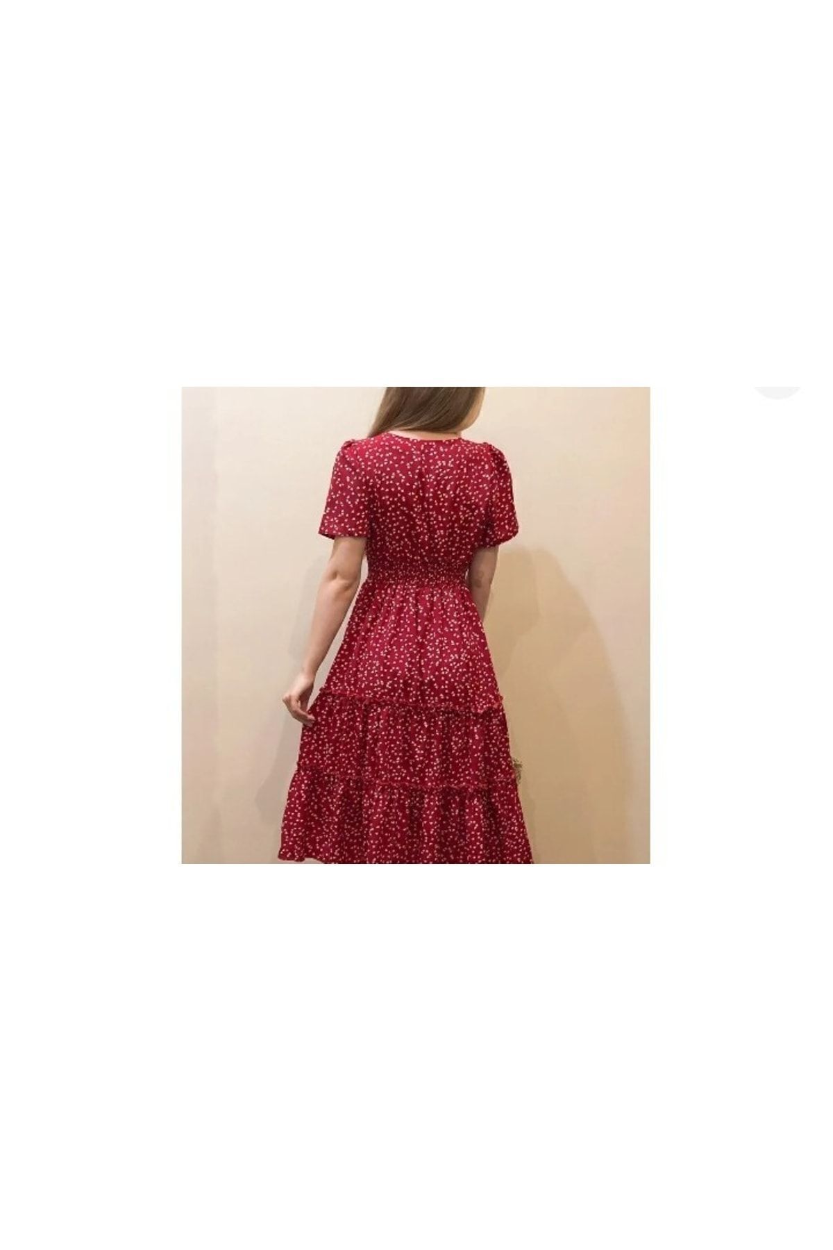 GENÇ MODA-Rochie din viscoză cu imprimeu inimă roșie cu gât pătrat 4