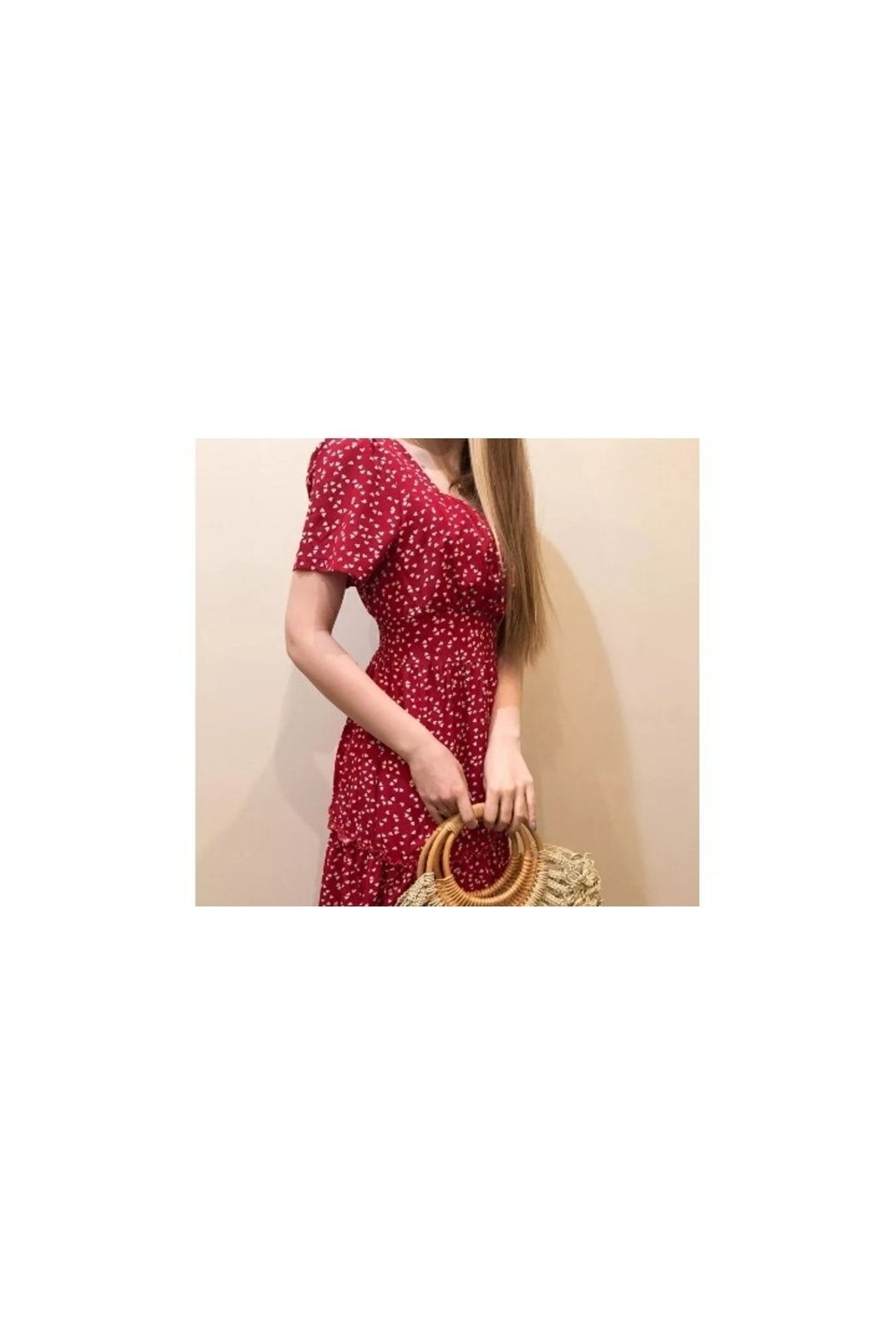 GENÇ MODA-Rochie din viscoză cu imprimeu inimă roșie cu gât pătrat 3