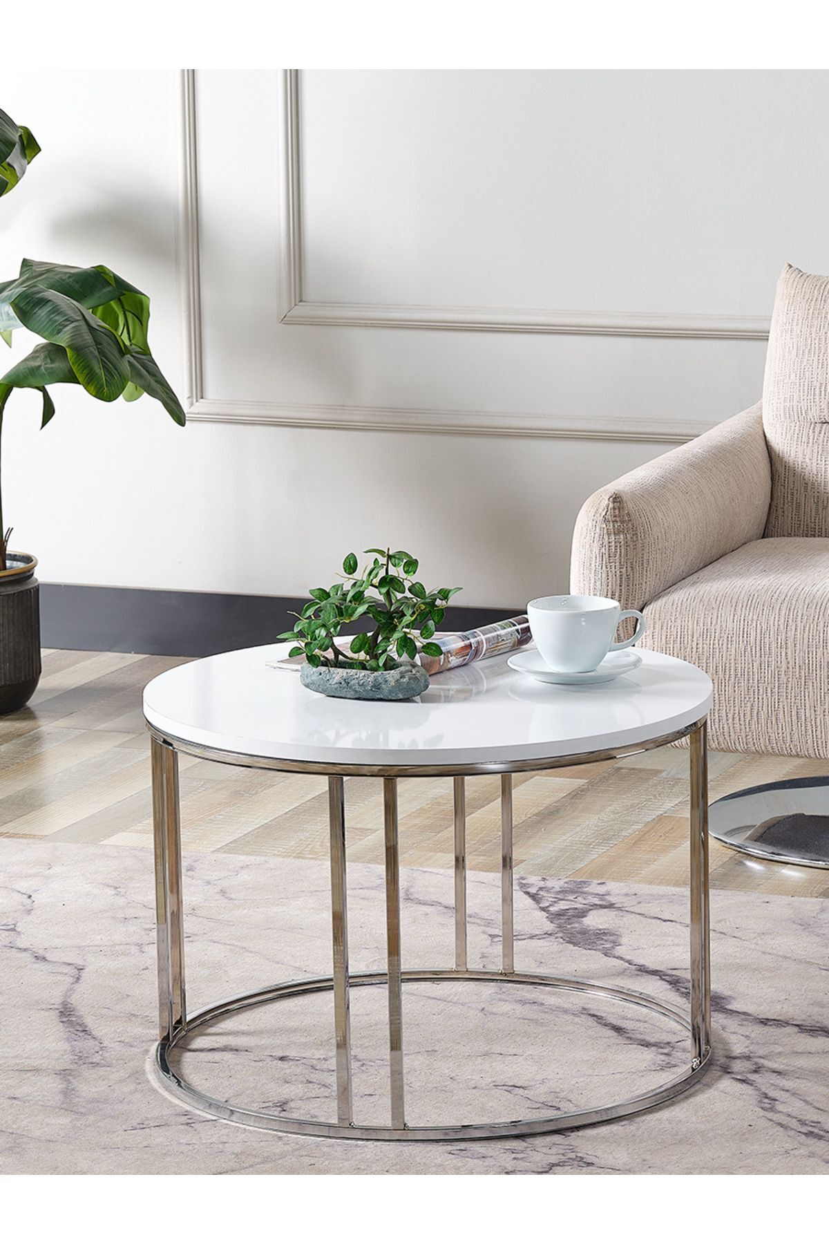 4 Lü Beyaz Suntalam Gümüş Metal Ayaklı Cam C Model Sehpa Takımı (ZİGON VE ORTA)