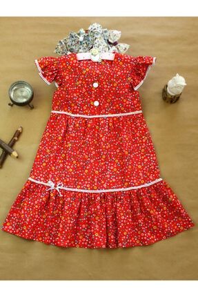Kız Çocuk Kırmızı Çiçek Desenli Kolsuz Fırfırlı Elbisesi ADSH-M06