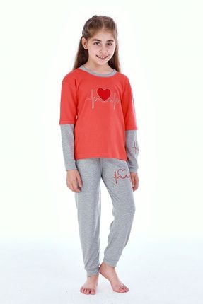 Kız Çocuk Kalp Atışı Nakışlı Alt-üst Pijama Takımı KA002