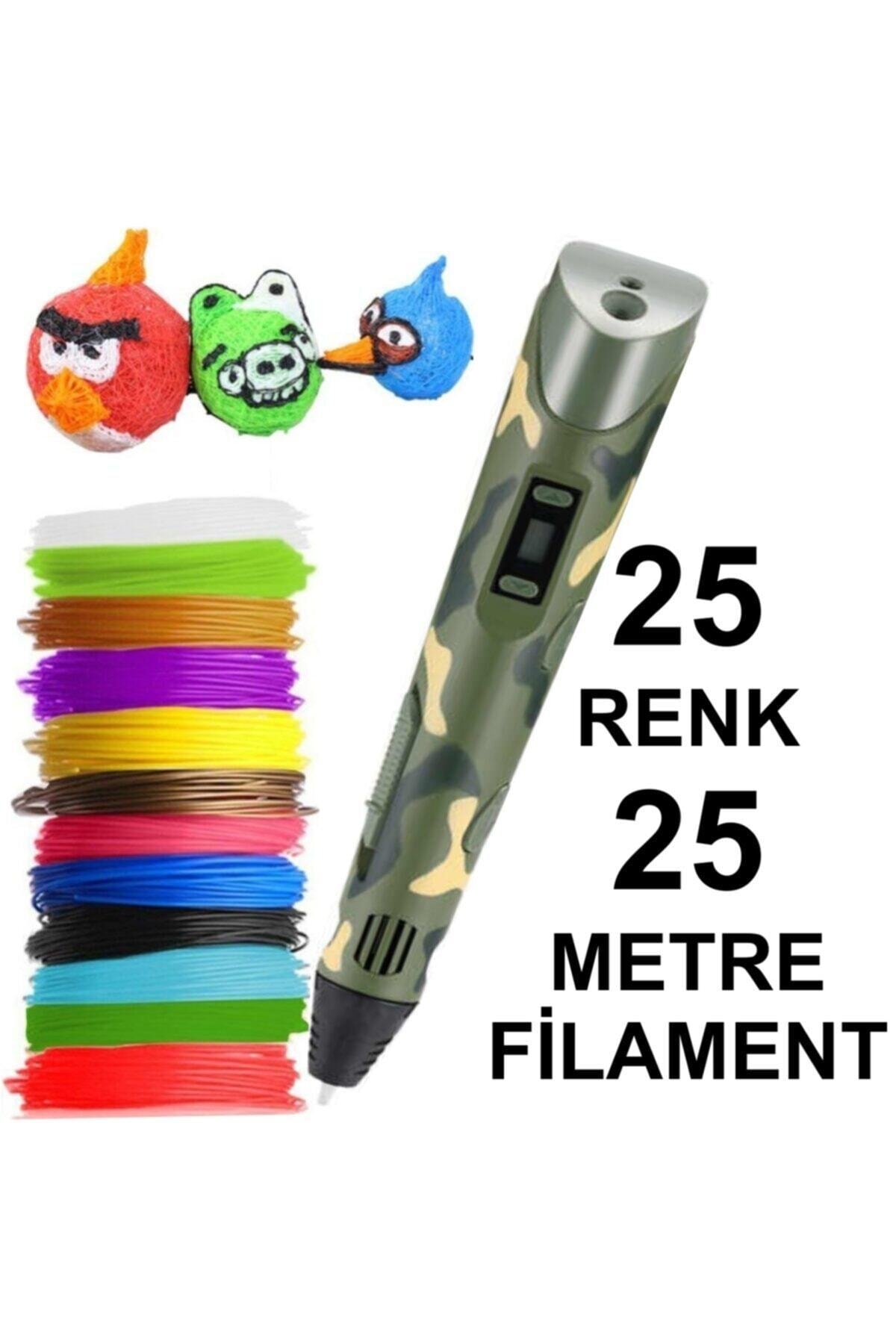 3D Kamuflaj Kalem Yazıcı+25 Renk 25 Metre(25x1metre)pla Filament