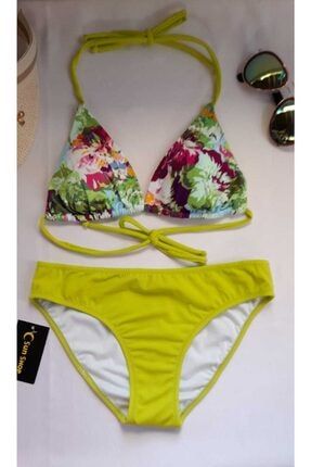 Fıstık Yeşil Desenli Üçken Kesim Bikini Takımı B-FS0001