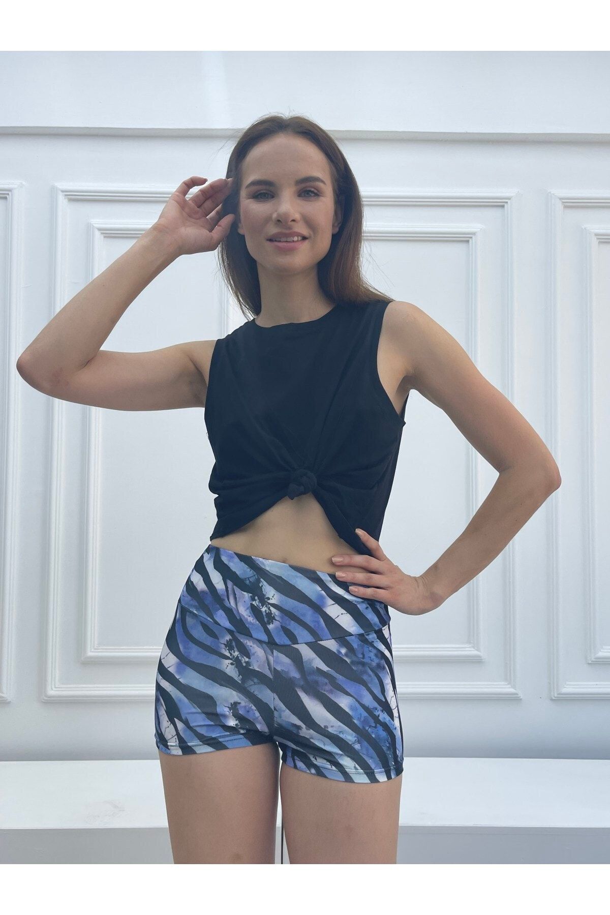 Grenj Fashion Mini Pantaloni Scurți Sport Cu Imprimeu Digital Cu Model Zebră Albastră Femeie - XL