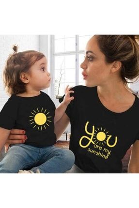 Anne Kız Tişört Kombini Güneşim Günışığı Sunshine Baskılı Pamuklu 1. Kalite Siyah T-shirt Kombini HMAO100112108