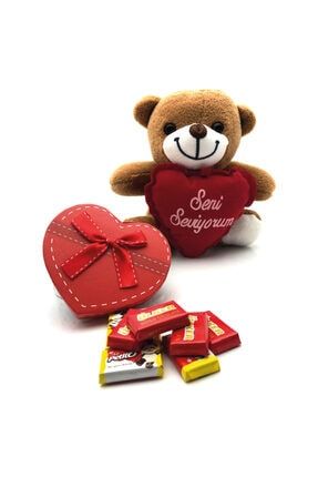 Kalpli Yastık Ve Çikolata Kutulu Sevimli Ayıcık hediyeseti