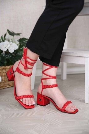 Kadın Örgü Ipli Topuklu Sandalet Kırmızı Cilt Z35001150051