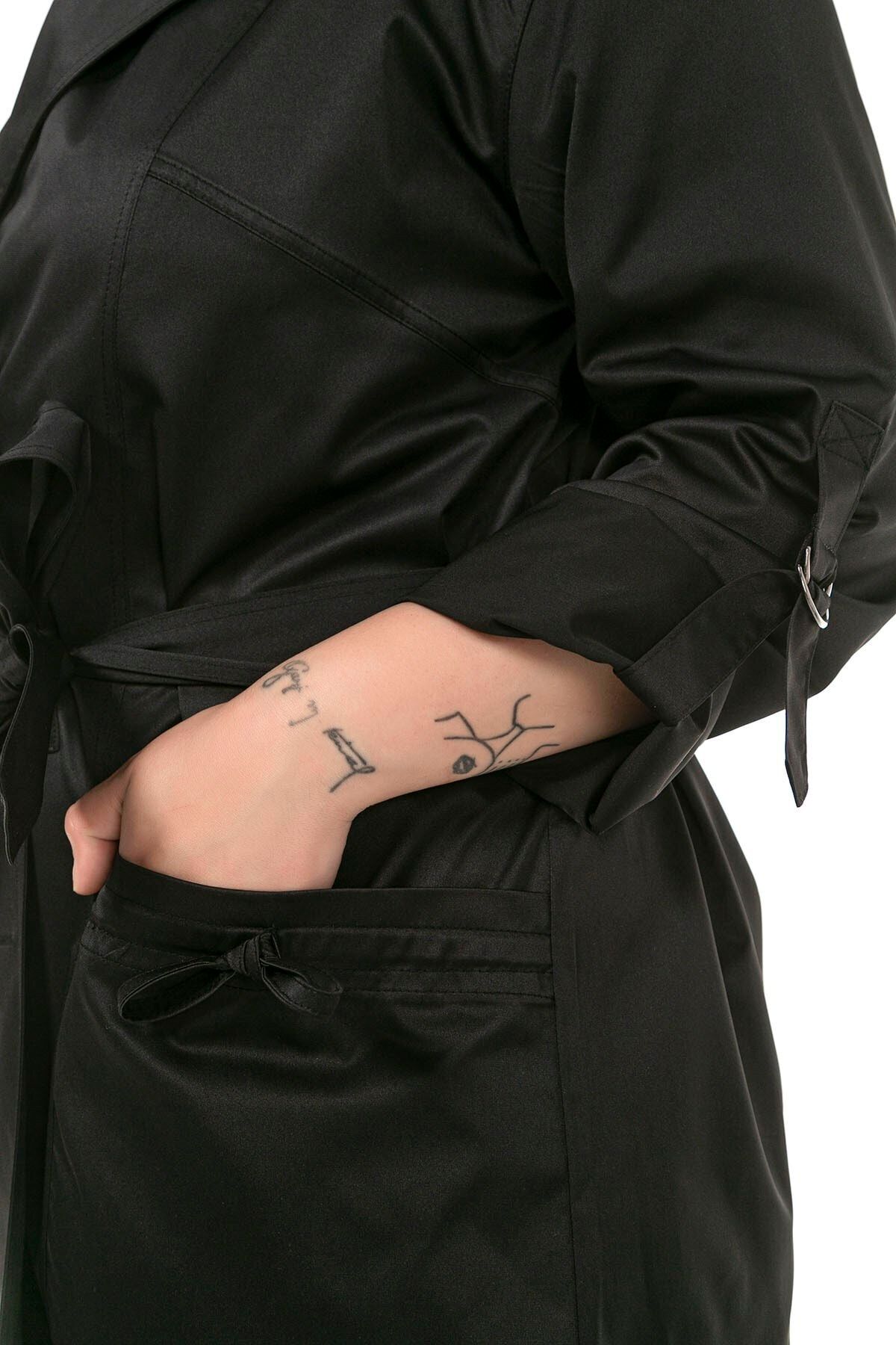 DISENTIS MODEST-Black Trench Coat with Mono Collar, Folded Sleeves and Drawstring Detail 5